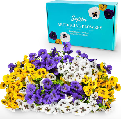 Artificial Flowers for Outdoor, UV Resistant Fake Pansy Flowers, Silk Faux Fowers for Outside Planters Home Garden Office Patio Front (18 Bundles)