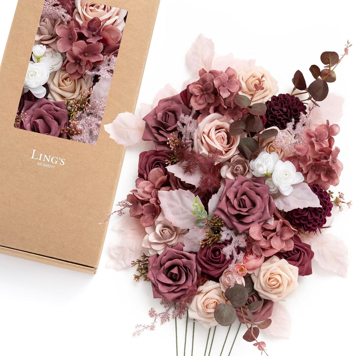 Ling's moment Fake Flowers Box, Faux Artificial Greenery Stems Foam Roses Silk Peony Ranunculus Fabic Flower for Centerpieces Bouquet Wedding Vase Floral Decorations, Garden Blush, Deluxe Combo