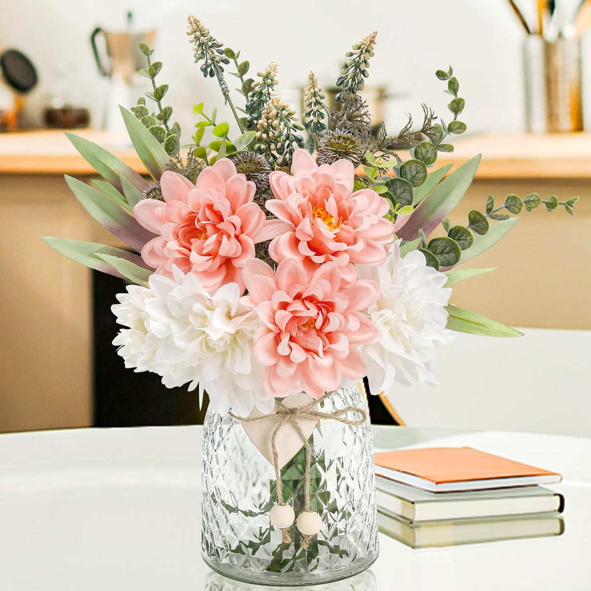 Der Rose Fake Flowers in Vase Silk Artificial Navy Blue Flowers Arrangements with Glass Vase for Dinning Coffee Table Centerpieces Home Kitchen Farmhouse Wedding Decor