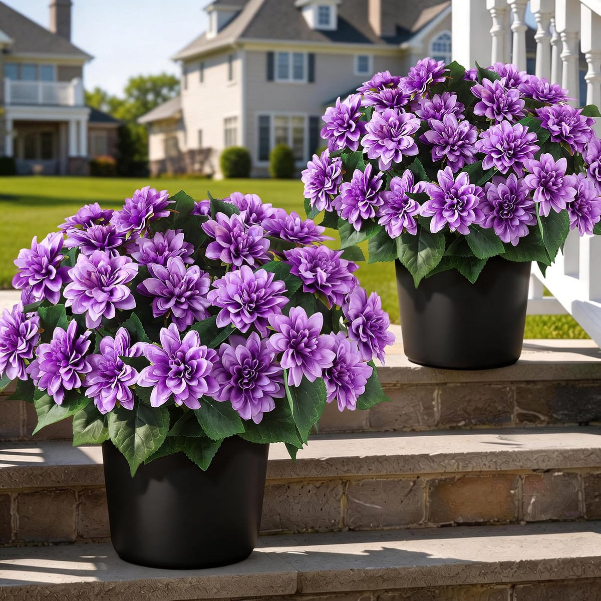 2 Set of Artificial Dahlia Topiary Ball Trees - Fake Silk Dahlia Flower Bushes, UV Resistant Faux Floral Shrub Potted for Front Door Porch Farmhouse Wedding Outdoor Decor (Pink)