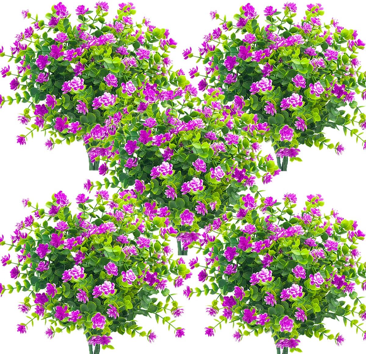 Grunyia 10 Bundles Artificial Fake Flowers, Faux Outdoor Plastic Plants UV Resistant Shrubs Outside Indoor Decorations (Blue-Eucalyptus)