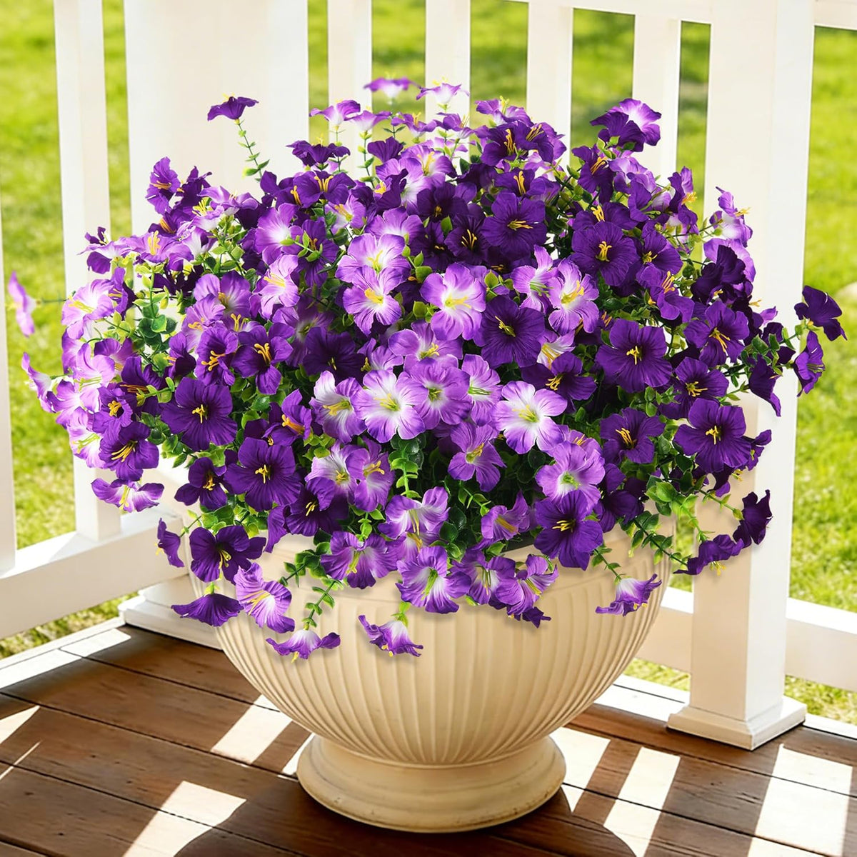 INQCMY Artificial Fake Petunia Flowers for Outdoors Spring Decoration, 12 Bundles Faux Plants Outdoor UV Resistant Realistic Silk Flower for Outside Planters Patio Porch Yard Window Box