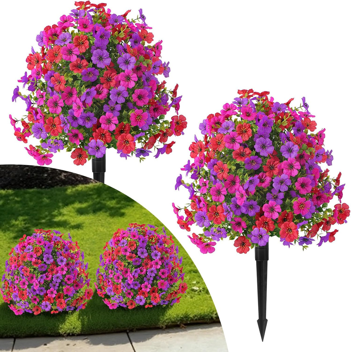 Alupssuc 2Pcs 20" Artificial Topiary Ball Flowers For Outdoors Planters, Spring Decoration with Spike, UV Resistant Faux Summer Plants, Fake Bushes Indoor Decor, Mix 4 Colors for Garden, Porch & Patio