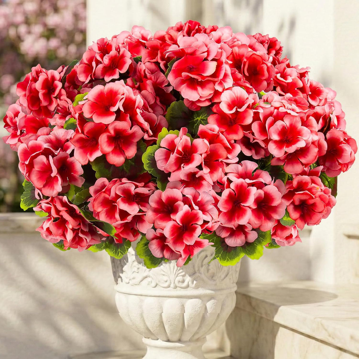 lovemoon 8 Pcs Artificial Geranium Plant Realistic Silk Flowers for Outside UV Resistant Faux Geranium Flowers for Indoor Outdoor Home Garden Office Decoration (8, Red)