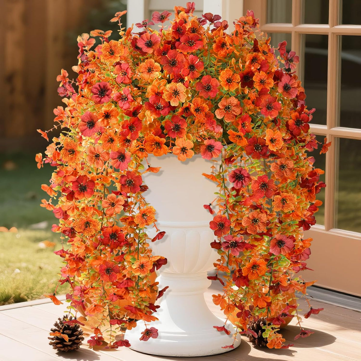 Homsunny Artificial Hanging Flowers for Outdoor, 8PCS Fake Flowers Faux Silk Daisy with Eucalyptus Leaves, UV Resistant Aritificial Outdoor Flowers for Spring Home Patio Balcony Yard Porch Decor