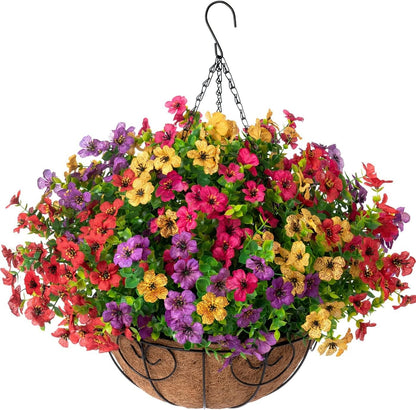 HyeFlora Artificial Fake Hanging Plants Flowers with Basket Outdoor Spring Decor, Faux Silk Pink Daisy in Pot Planter Realistic UV Resistant for Porch Home Indoor Patio Balcony Garden Yard