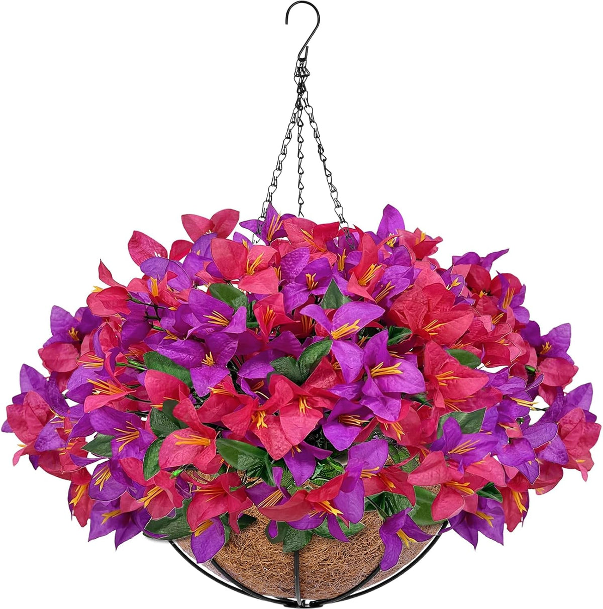 2 Sets Artificial Hanging Plants Flowers Basket Outdoor, Fake Hanging Plants Set of 2 Includes 24 Pcs Flowers for Porch, Patio, Garden, Home Decor in Spring Summer (Red, Purple, Yellow, Rose Red)