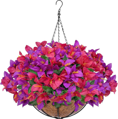 2 Sets Artificial Hanging Plants Flowers Basket Outdoor, Fake Hanging Plants Set of 2 Includes 24 Pcs Flowers for Porch, Patio, Garden, Home Decor in Spring Summer (Red, Purple, Yellow, Rose Red)