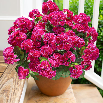 Artificial Geranium Fake Flowers for Outdoors Decoration, 6 Bundles Silk Geraniums Flower UV Resistant Look Real Faux Plants for Outside Planter Front Door Garden Patio Balcony Yard Home, Fuchsia