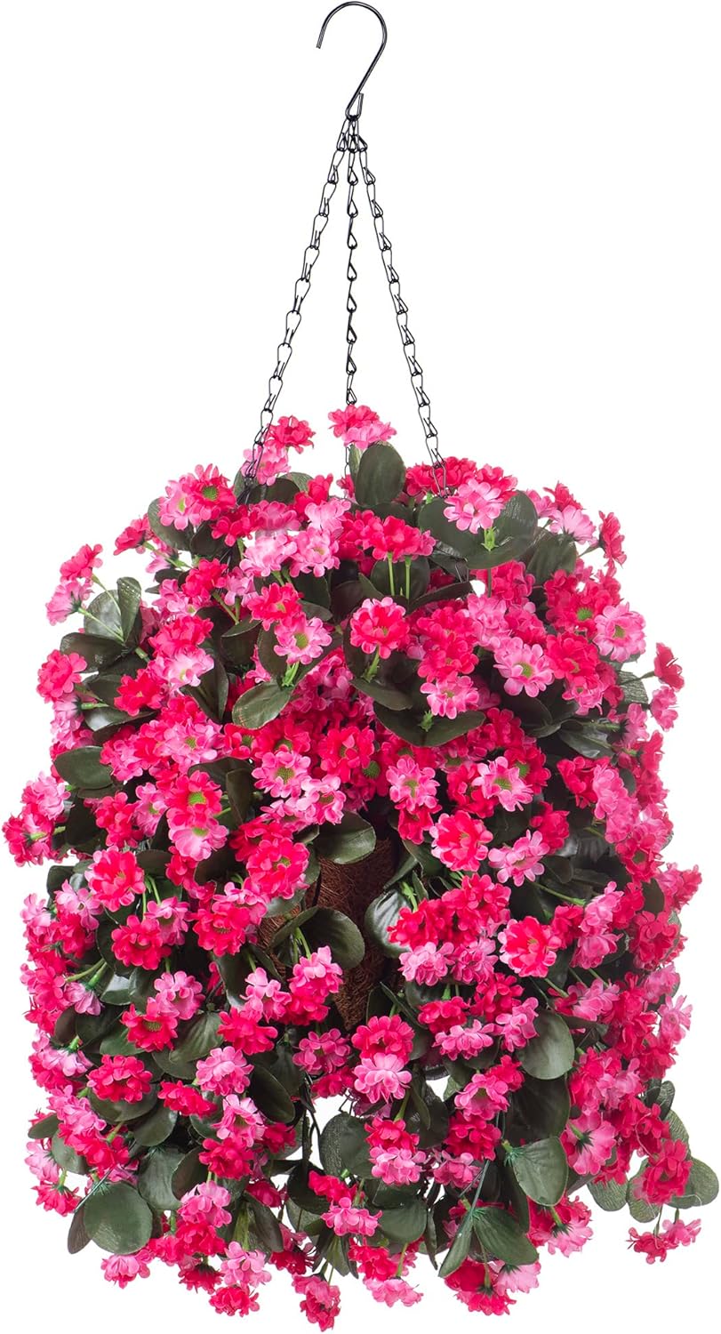 Artificial Flowers in Hanging Basket for Outdoors Spring Decor, Fake Mums Flowers Faux Plants with Basket for Indoors Home Porch Garden Yard Patio Decoration (Purple Pink)
