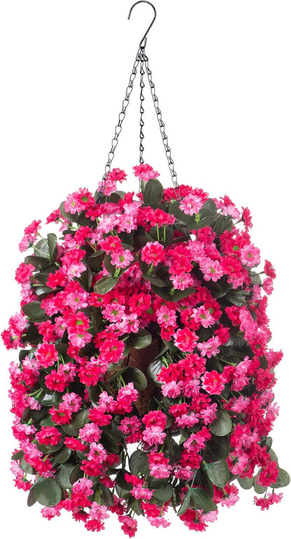 Artificial Flowers in Hanging Basket for Outdoors Spring Decor, Fake Mums Flowers Faux Plants with Basket for Indoors Home Porch Garden Yard Patio Decoration (Purple Pink)