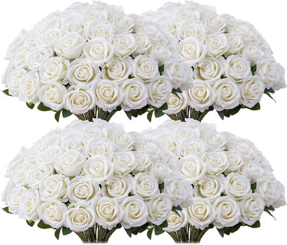 50 PCS Fake Pink Roses, Artificial Flowers Bulk Realistic Silk Faux Rose with Stems for Wedding Decoration Bridal Bouquet Birthday Celebrations DIY Floral Arrangement Home Decor