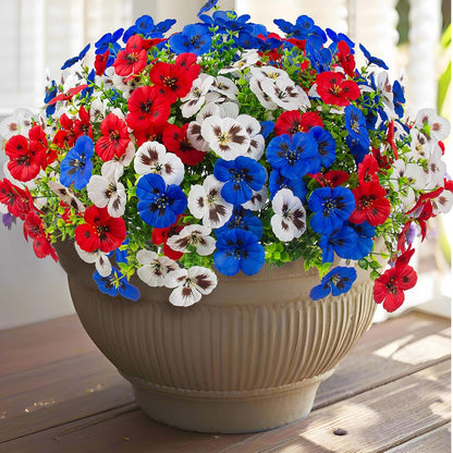 18 Pcs Artificial Fake Pansy Flowers for Outdoor, Faux Silk Pansies Spring Flowers for Outside for Planter Front Door Porch Yard Patio Window Box Home Decor (18, Purple, Yellow, White)