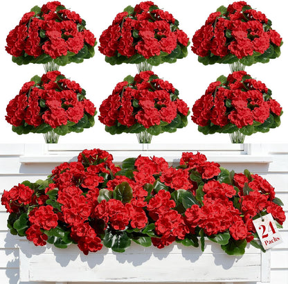 Alupssuc 8 Pcs Artificial Geranium Flowers for Outdoors Decoration Silk Floral, UV Resistant Fake Plants, Faux Flower for Porch Garden Table Centerpieces Home Indoor and Outdoor Spring Decor (8, Red)