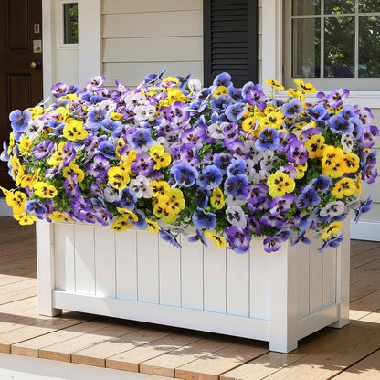 Alupssuc 24 Bundles Artificial Flowers for Outdoors, Fake Spring Flowers for Decoration, UV Resistant Realistic Pansies with Eucalyptus Silk Faux Flowers for Porch Patio Yard, Purple Yellow White