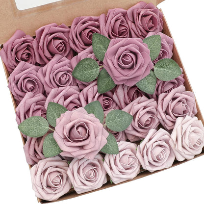 Floroom Artificial Flowers 25 Pcs Real Looking Lavender Purple Ombre Colors Foam Fake Roses with Stems for DIY Wedding Bouquets Bridal Shower Floral Centerpieces Party Tables Home Decorations