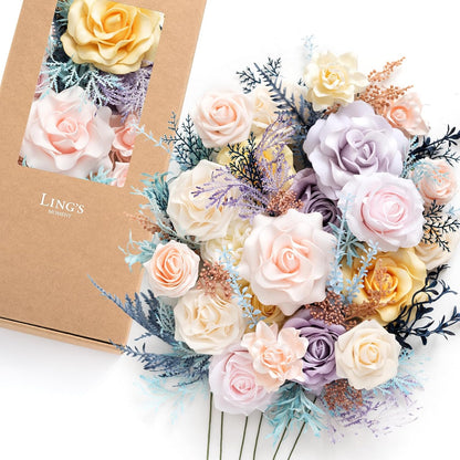 Ling's moment Fake Flowers Box, Faux Artificial Greenery Stems Foam Roses Poppy Gardenia Silk Hydrangea Peony Fabic Flower for Centerpieces Bouquet Wedding Floral Vase, English Pastel, Deluxe Combo