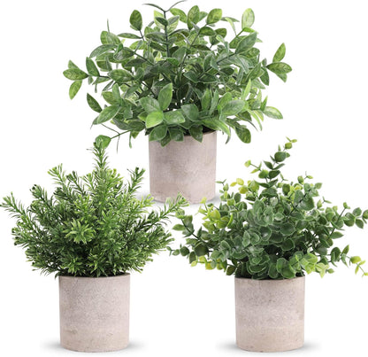 Der Rose 3 Pack Mini Potted Fake Plants Artificial Plastic Eucalyptus Plants Topiaries for Home Office Desk Farmhouse Shelf Room Bathroom Decor(Green)