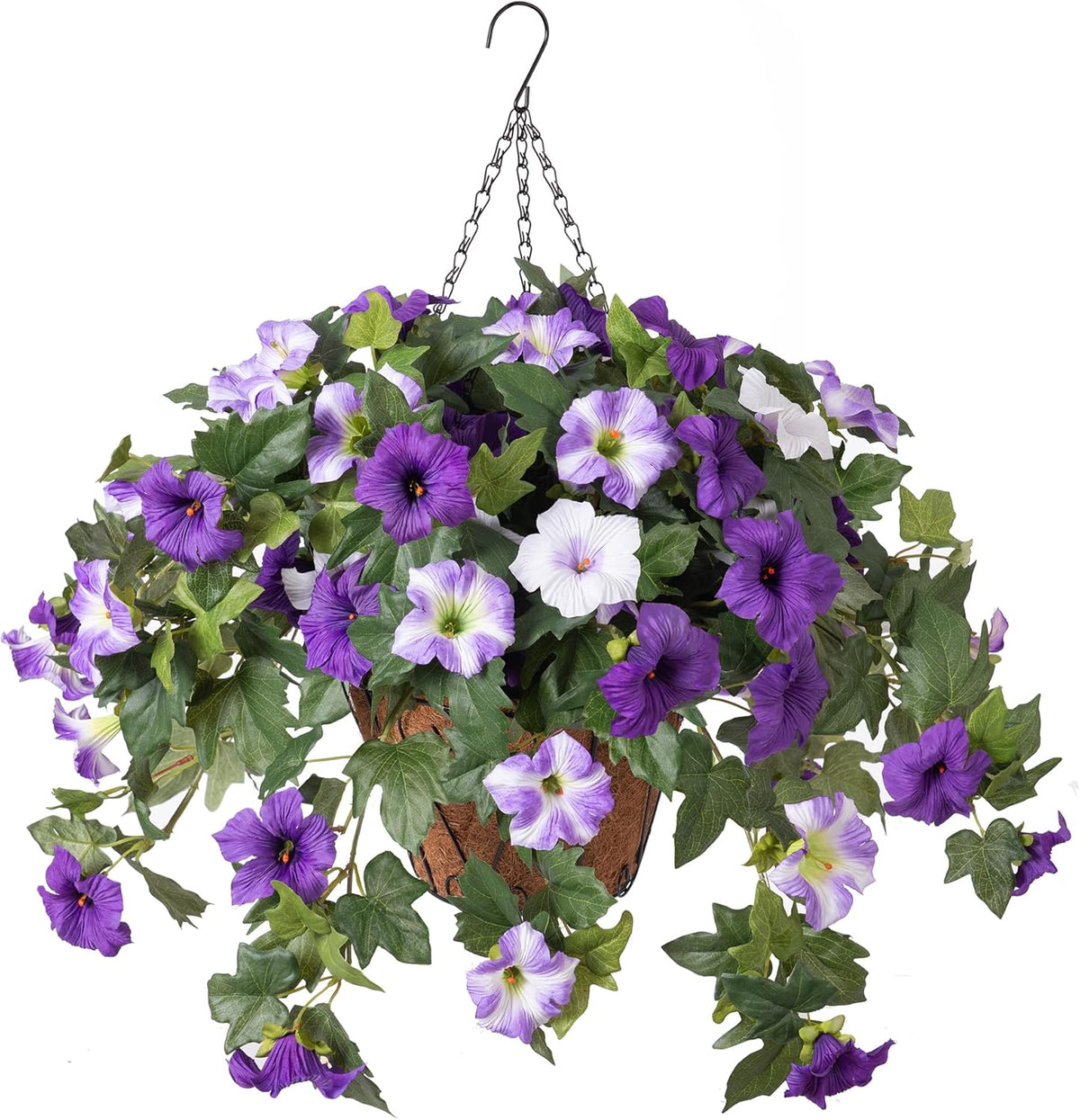 Artificial Fake Flowers Plants for Outdoor Decoration, 2PCS Faux Petunias Silk Flower UV Resistant No Fade for Home Outside Garden Balcony Yard Porch Realistic Indoor Decor (Purple White)