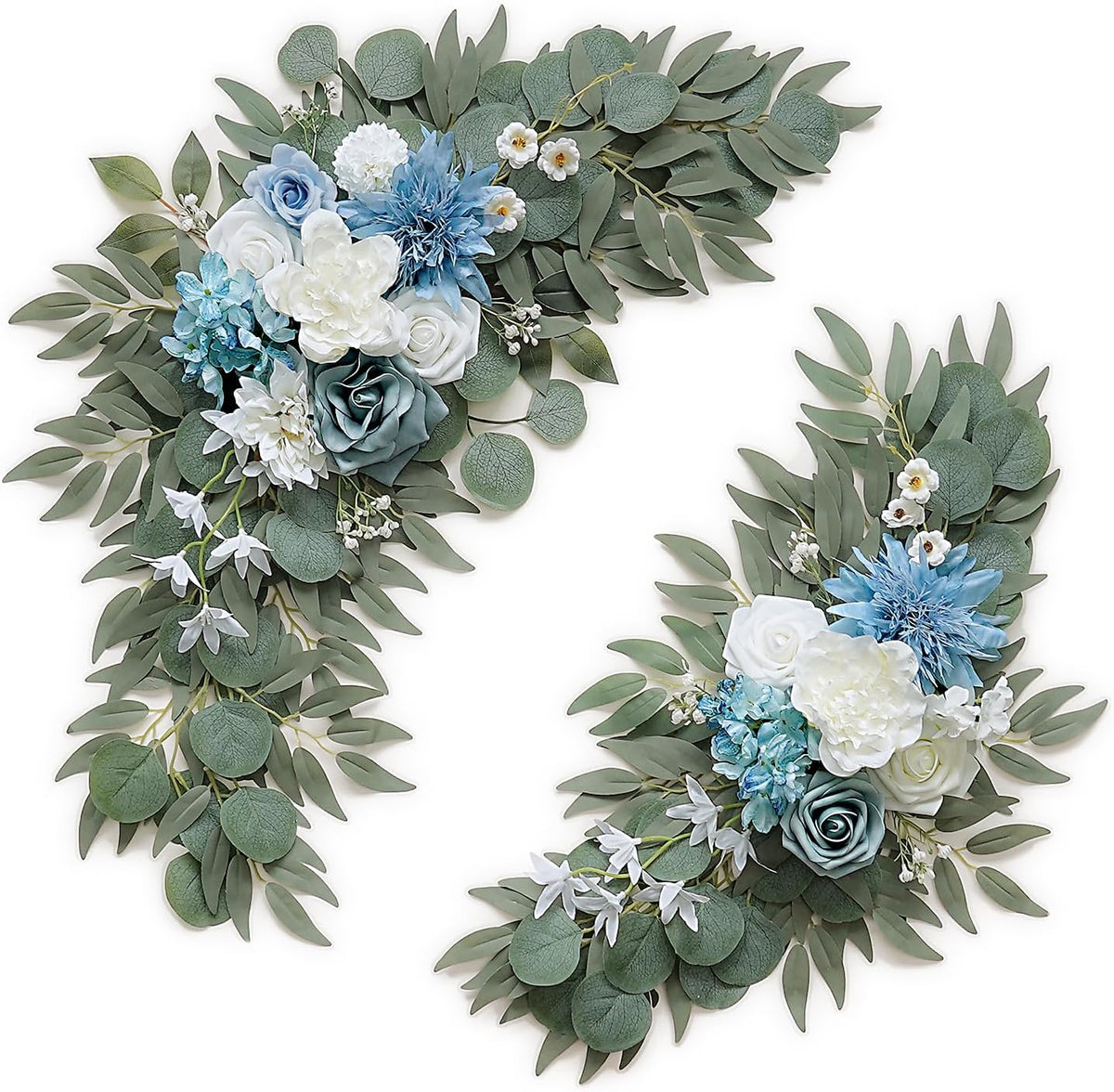 2-Pack Sage Green & White Wedding Flower Swag Set, Large: 35.43"L x 14.56"W, Small: 24.80"L x 12.99"W, Artificial Flowers for Wedding Arch, Ceremony, Table Centerpieces, Wall Hanging