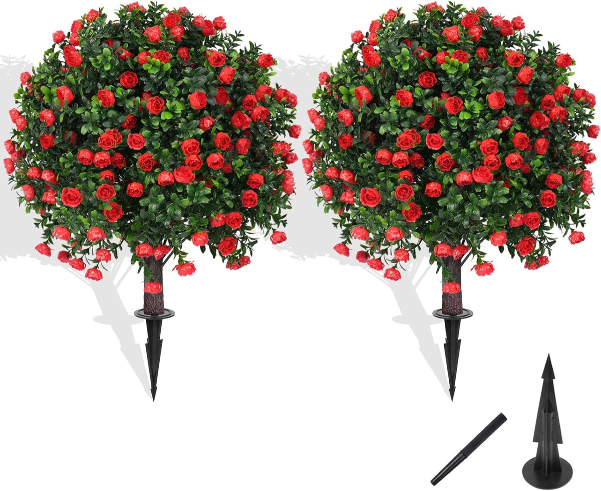 Artificial Lavender Topiary Ball for Outdoors, Set of 2 Boxwood Plant Tree with Spike, Fake Shrubs UV Resistant Faux Plants for Indoor Outdoor Decor