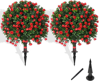 Artificial Lavender Topiary Ball for Outdoors, Set of 2 Boxwood Plant Tree with Spike, Fake Shrubs UV Resistant Faux Plants for Indoor Outdoor Decor