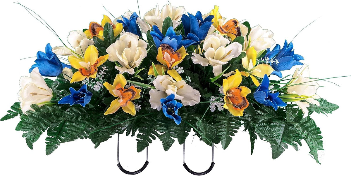 Sympathy Silks Ruby's Silk Flowers Artificial Flowers - Weighted Pot Bouquet Decoration - Height 18"-20" - Red Tulip and White Iris Potted Flowers
