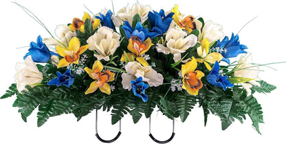 Sympathy Silks Ruby's Silk Flowers Artificial Flowers - Weighted Pot Bouquet Decoration - Height 18"-20" - Red Tulip and White Iris Potted Flowers
