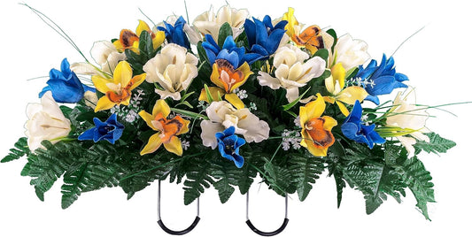 Sympathy Silks Ruby's Silk Flowers Artificial Flowers - Weighted Pot Bouquet Decoration - Height 18"-20" - Red Tulip and White Iris Potted Flowers