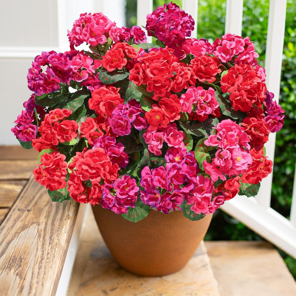 Artificial Geranium Fake Flowers for Outdoors Decoration, 6 Bundles Silk Geraniums Flower UV Resistant Look Real Faux Plants for Outside Planter Front Door Garden Patio Balcony Yard Home, Fuchsia