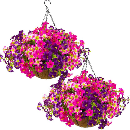 2 Set Artificial Outdoor Flowers with Hanging Baskets, 24 Pcs UV Resistant Faux Petunia Flowers with Hanging Planter for Front Door Porch Spring Outside Decor (2, White, Yellow, Purple, RedViolet)