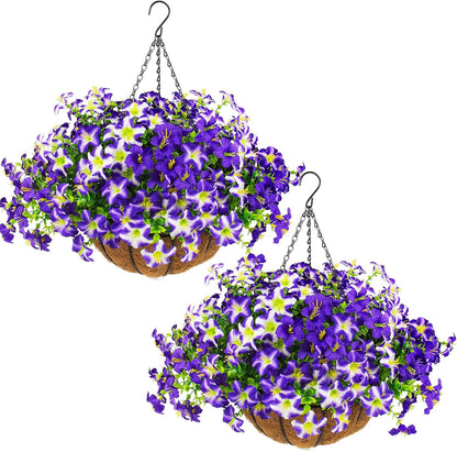 2 Set Artificial Outdoor Flowers with Hanging Baskets, 24 Pcs UV Resistant Faux Petunia Flowers with Hanging Planter for Front Door Porch Spring Outside Decor (2, White, Yellow, Purple, RedViolet)