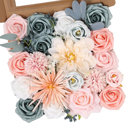 Artificial Flowers Combo Pink Roses with Stems Bouquets Box Set Bridal Wedding Shower Decorations Fake Floral for Party Table Centerpieces Home Decor