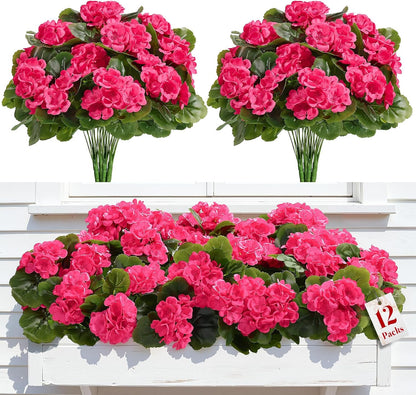 Alupssuc 8 Pcs Artificial Geranium Flowers for Outdoors Decoration Silk Floral, UV Resistant Fake Plants, Faux Flower for Porch Garden Table Centerpieces Home Indoor and Outdoor Spring Decor (8, Red)