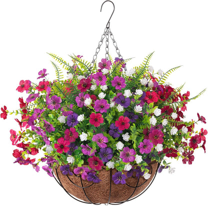 Artificial Faux Hanging Plants Flowers Basket for Spring Outdoor Decoration, Fake Silk Daisy UV Resistant Look Real with Eucalyptus Leaves Summer Outside Decor for Home Patio Garden