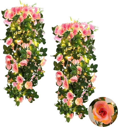 RECUTMS Artificial Hanging Rose Flower Plants Outdoor with 30 LED Fairy String Lights Fake Flowers for House Garden Patio Front Porch Indoor Decor (Purple)