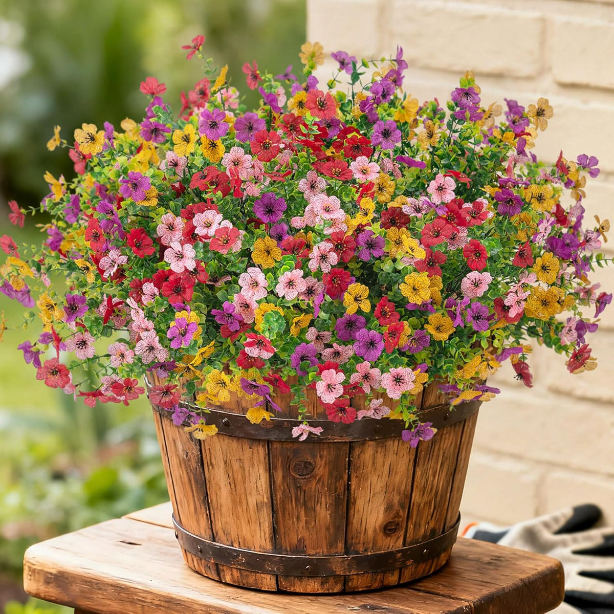 Artificial Fake Mums Flowers for Outdoor Spring Summer Decor, 12 Bundles Faux Silk Plants Daisy for Planter Pot Colorful UV Resistant Look Real for Front Door Porch Patio Outside Yard(Red Pink)