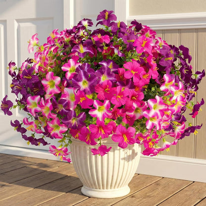 Daynight 16 Pcs Faux Petunias Artificial Flowers for Outdoors, UV Resistant Fake Purple Petunias Plants Realistic Silk Flowers for Porch Front Door Garden Window Outside Decor (16, Purple)