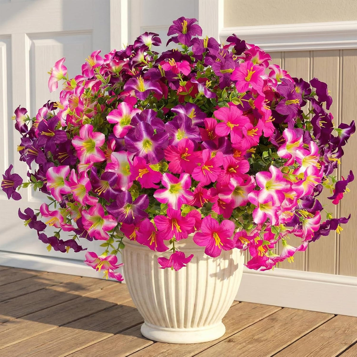 16 Pcs Faux Petunias Artificial Flowers For Outdoors, UV Resistant Fake Petunias Plants Realistic Silk Flowers for Porch Front Door Garden Window Outside Decor (16, White, Yellow, Purple, RedViolet)