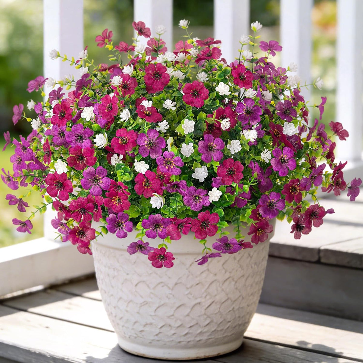 Ammyoo Artificial Fake Plants Flowers for Outdoor Spring Decor, 12 Bundles Faux Silk Mums for Planter Pot Colorful UV Resistant Look Real for Front Door Porch Patio Outside Yard(Purple Pink)