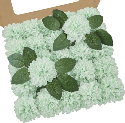 Artificial Flowers, 25 Pcs Realistic Artificial Rose for DIY Wedding Bouquets Centerpieces Arrangements, Sage Green Dahlia Flowers with Stem for Bridal Shower Party Home Decorations