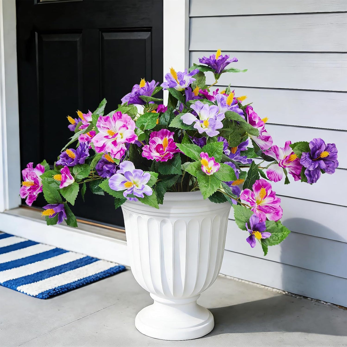 INXUGAO Artificial Flowers for Outdoors Indoors, 3 Bunches Fake Hibiscus with Hanging Basket Realistic UV Resistant Silk Flower Leaves, Faux Plant for Outside Home Patio Garden Poch (Purple, Fuchsia)