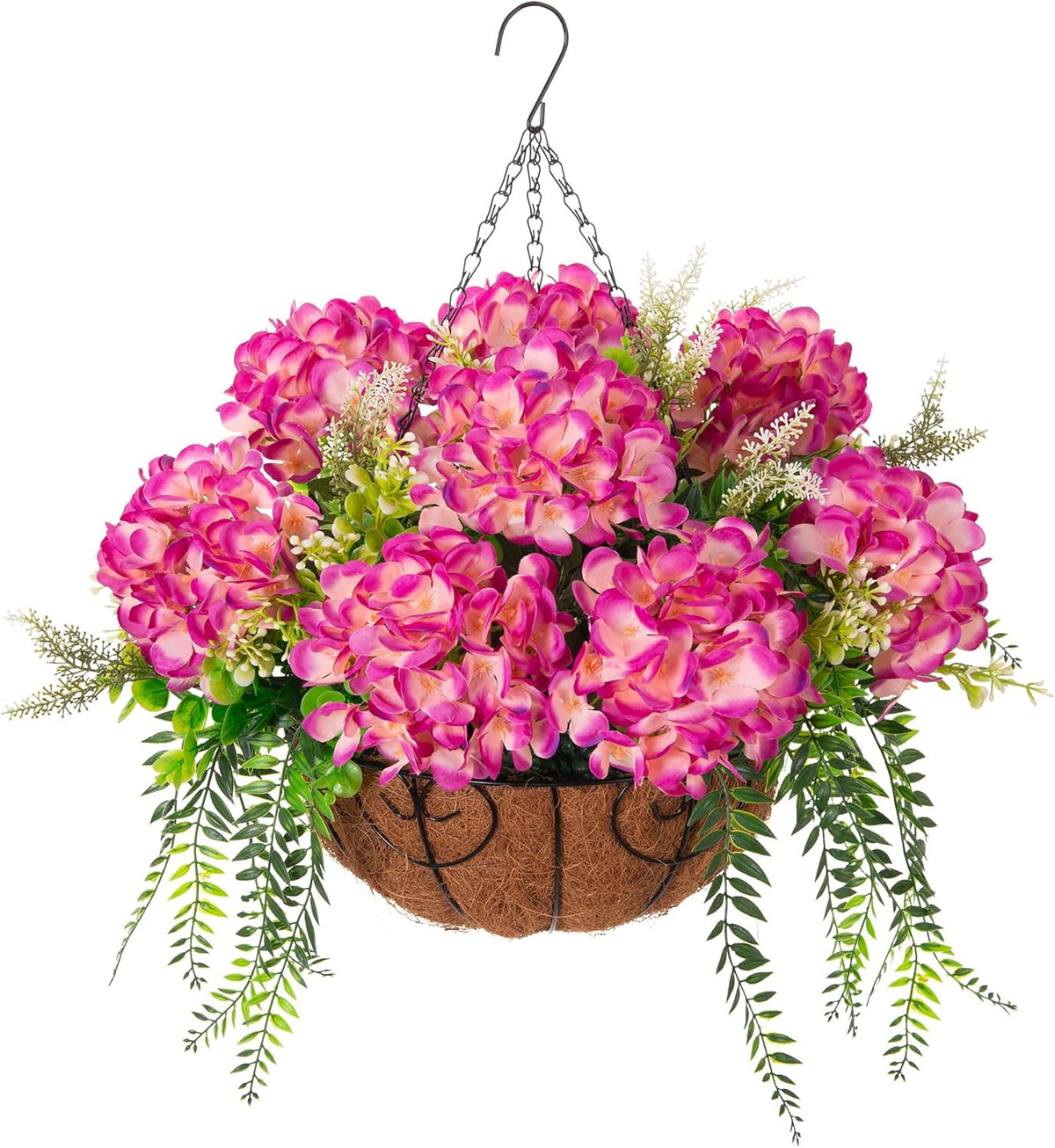 Artificial Hanging Hydrangea Flowers with Basket for Outdoor Spring Decoration, Fake Silk Hydrangea Flower Outdoor Indoor Arrangements, Fake Hanging Plants for Balcony Garden Yard Decor(Blue)