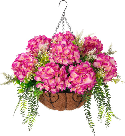 Artificial Hanging Hydrangea Flowers with Basket for Outdoor Spring Decoration, Fake Silk Hydrangea Flower Outdoor Indoor Arrangements, Fake Hanging Plants for Balcony Garden Yard Decor(Blue)