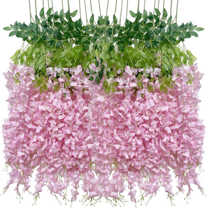 Artificial Wisteria Hanging Flowers-Fake Wisteria Flower Garland Silk Vines Rattan Decor for Home Wedding Arch Wall Garden Greenery Bedroom Outdoor Office Party Decoration (24, Purple)