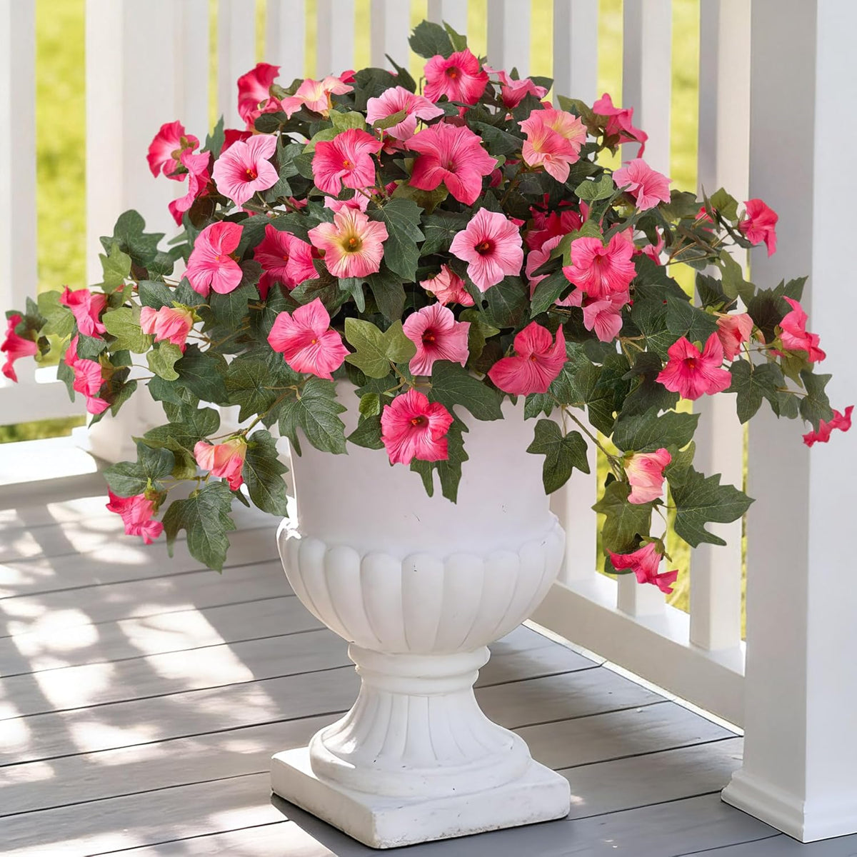 Artificial Fake Flowers Plants for Outdoor Decoration, 2PCS Faux Petunias Silk Flower UV Resistant No Fade for Home Outside Garden Balcony Yard Porch Realistic Indoor Decor (Purple White)