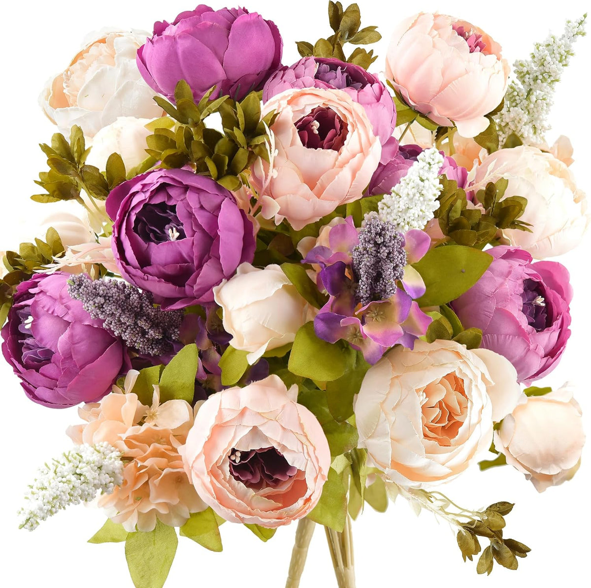 FiveSeasonStuff Artificial Peonies Bouquet – Set of 2 Whimsical Lavender Bliss Silk Flowers, Purple and White Blooms, Multiple Stems per Main Stem, for Weddings, Home Decor, DIY Floral Arrangements