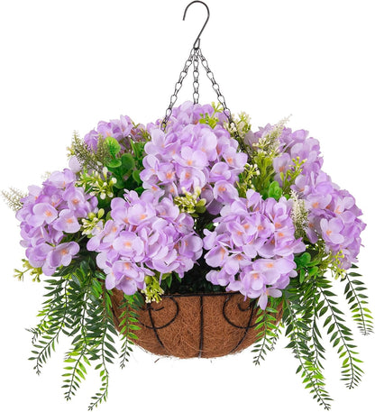 Artificial Hanging Hydrangea Flowers with Basket for Outdoor Spring Decoration, Fake Silk Hydrangea Flower Outdoor Indoor Arrangements, Fake Hanging Plants for Balcony Garden Yard Decor(Blue)