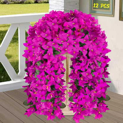 Artificial Bougainvillea Flowers for Outdoor Plant, 2 Pcs Faux Hanging Flowers Bougainvillea for Outside Decoration, Fake Silk UV Resistant Vines for Front Door Porch (Fuchsia)