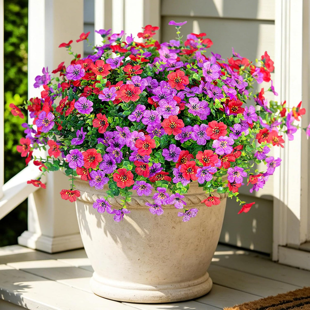 Ammyoo Artificial Fake Plants Flowers for Outdoor Spring Decor, 12 Bundles Faux Silk Mums for Planter Pot Colorful UV Resistant Look Real for Front Door Porch Patio Outside Yard(Purple Pink)